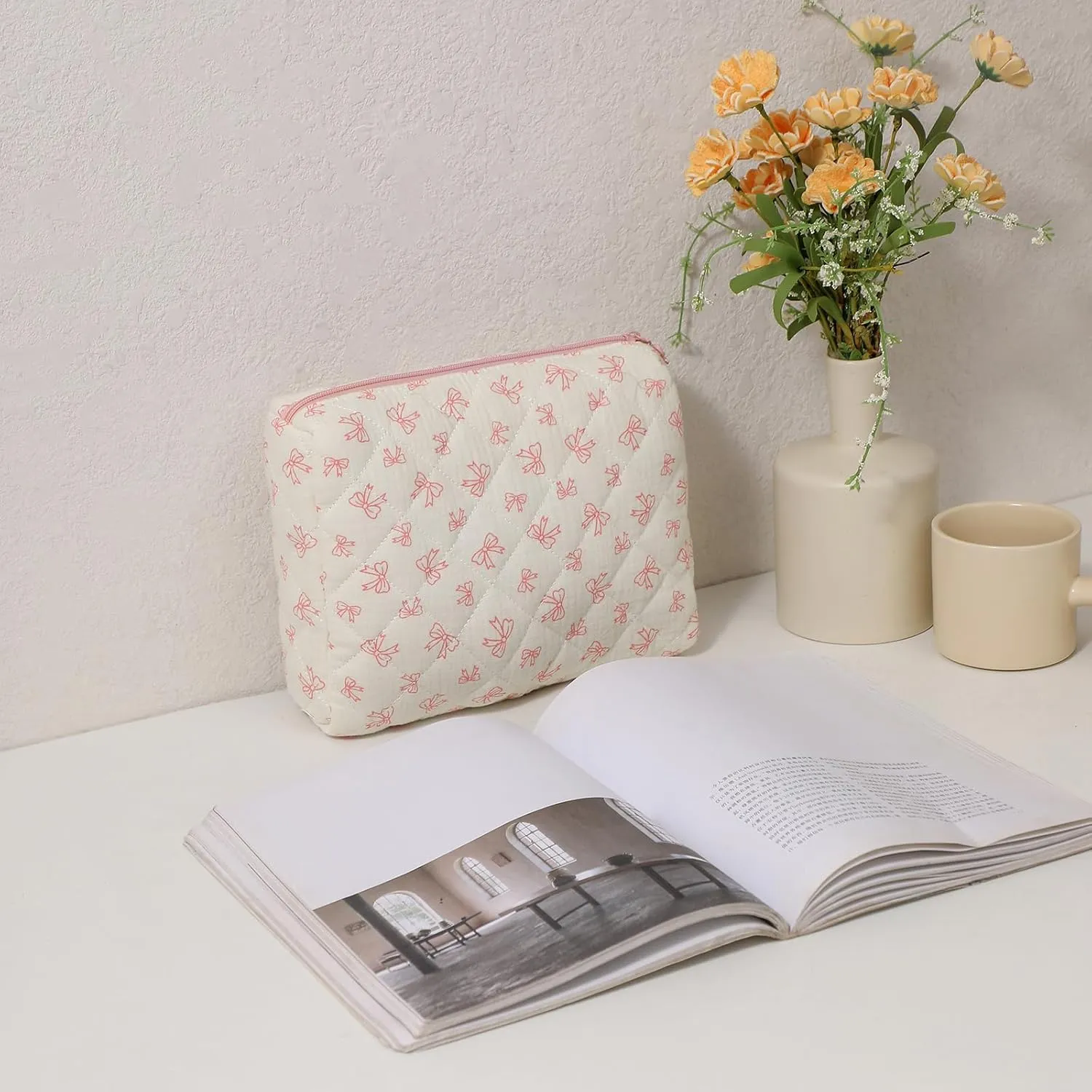 3Pcs Large Cotton Quilted Makeup Bag Set, Cute Coquette Floral Cotton Cosmetic Bag with Bows, Aesthetic Travel Organized Toiletry Bags for Women Girls（03White Small Bows）