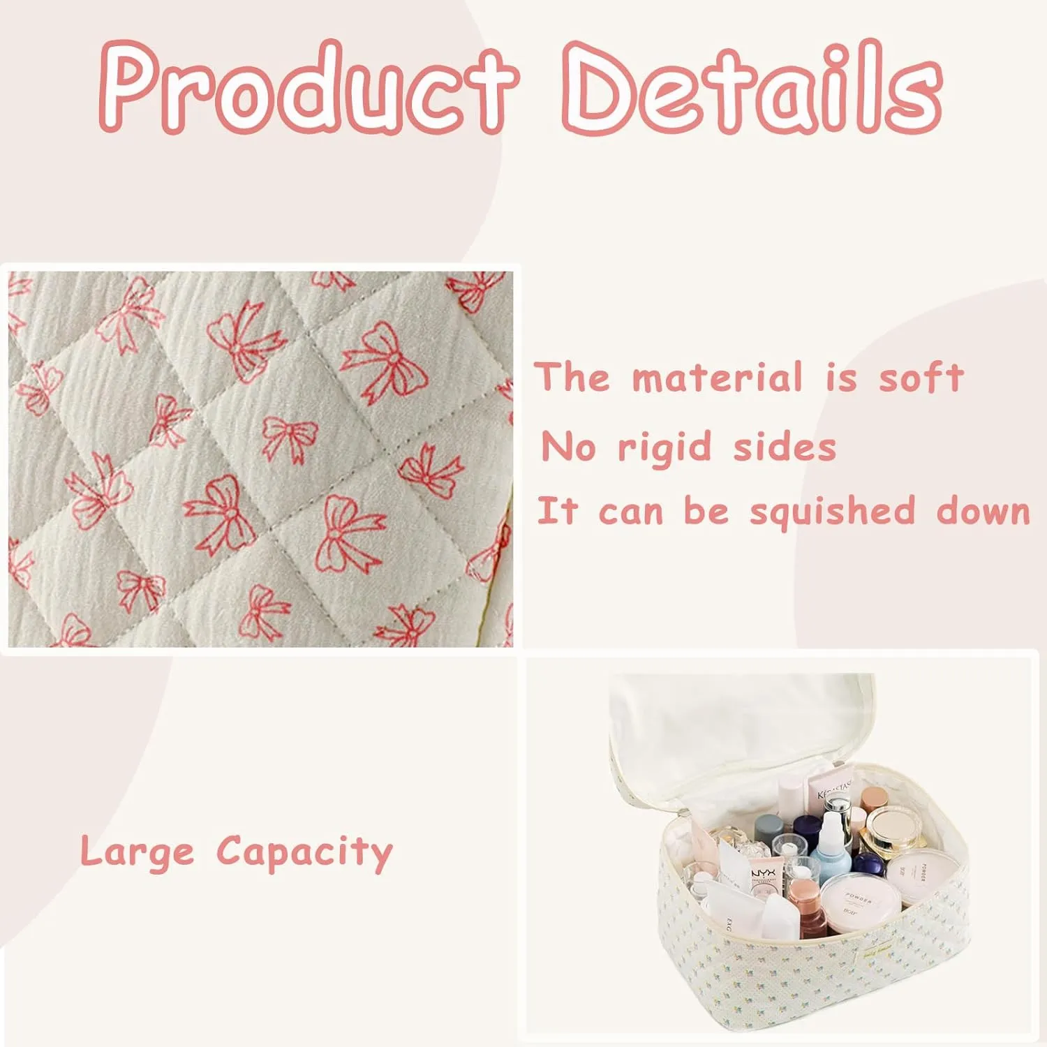 3Pcs Large Cotton Quilted Makeup Bag Set, Cute Coquette Floral Cotton Cosmetic Bag with Bows, Aesthetic Travel Organized Toiletry Bags for Women Girls（03White Small Bows）