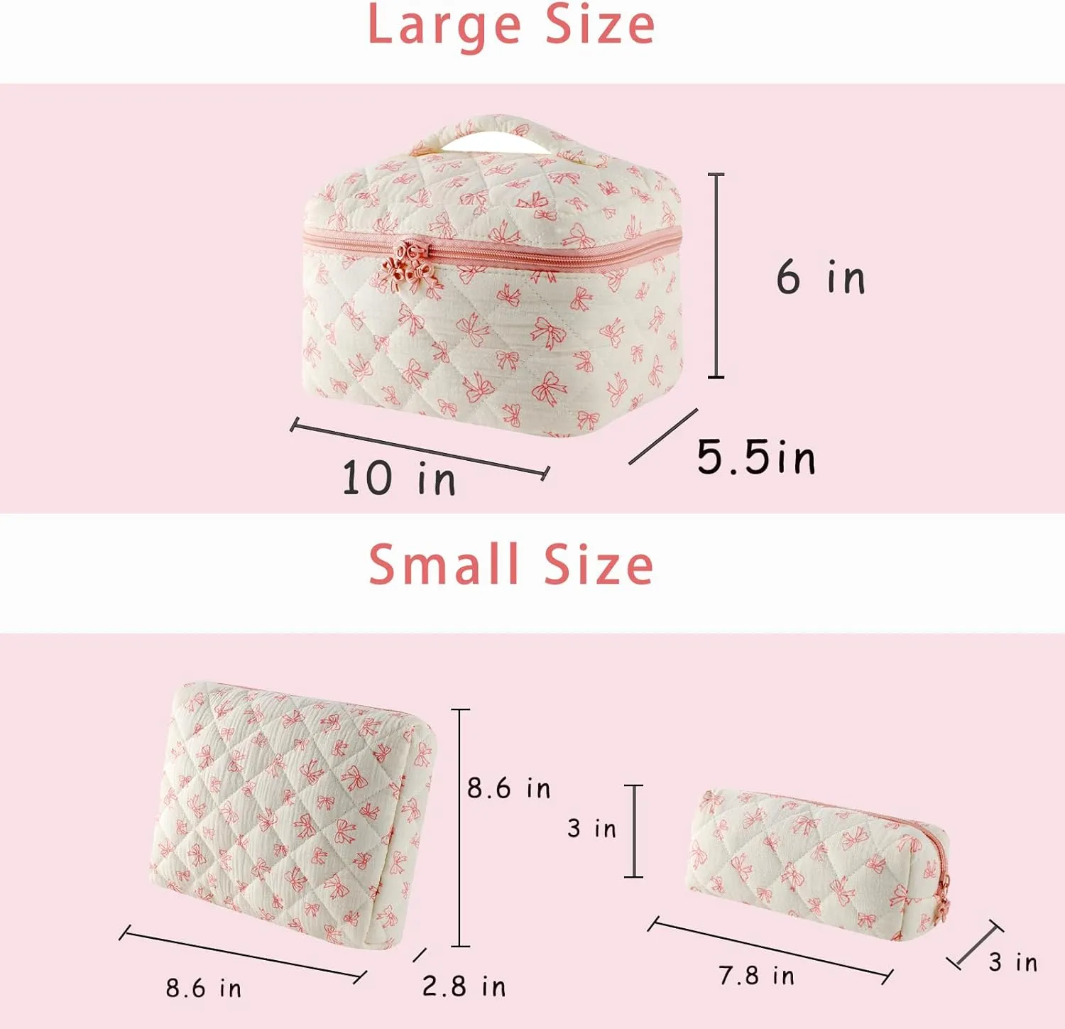 3Pcs Large Cotton Quilted Makeup Bag Set, Cute Coquette Floral Cotton Cosmetic Bag with Bows, Aesthetic Travel Organized Toiletry Bags for Women Girls（03White Small Bows）