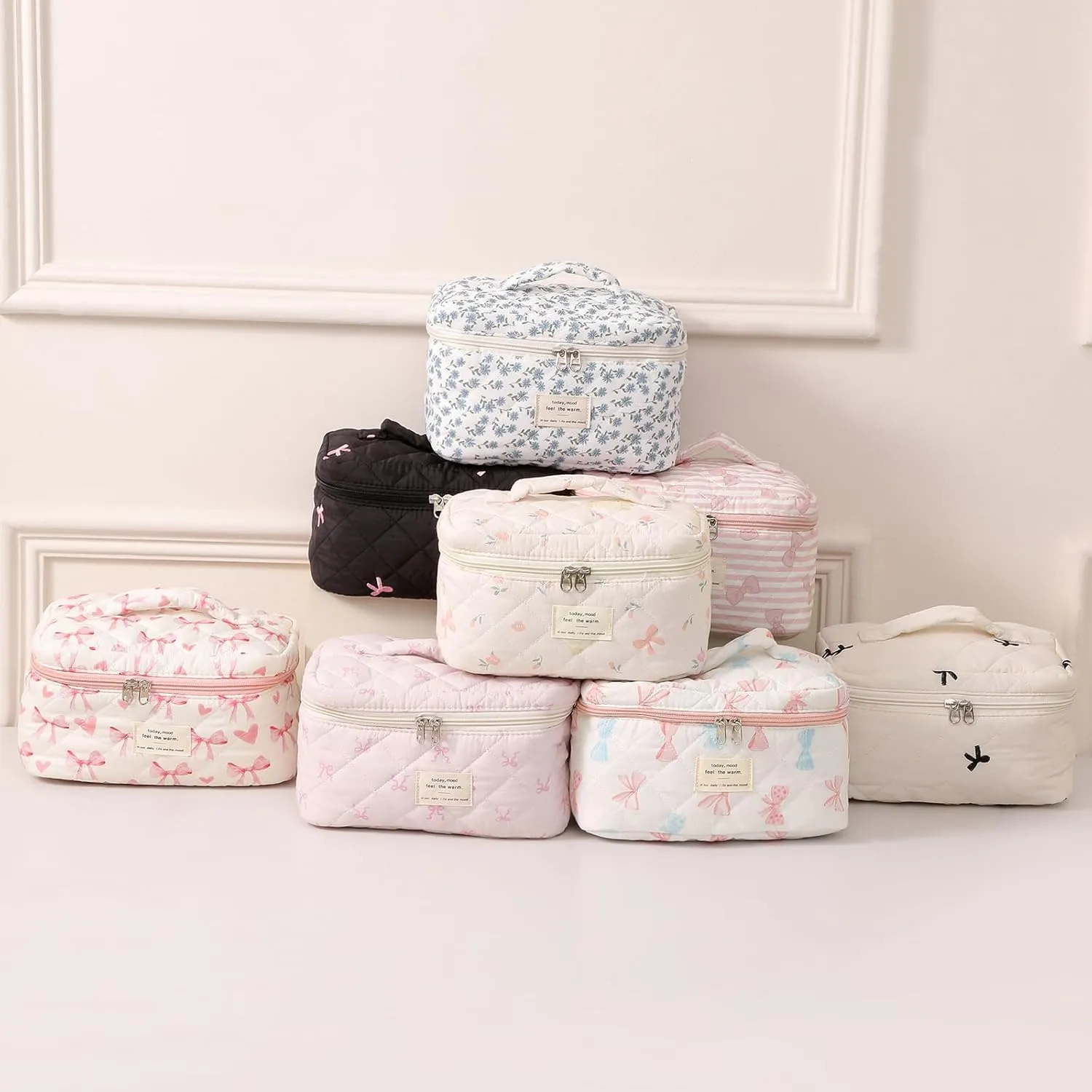 3Pcs Large Cotton Quilted Makeup Bag Set, Cute Coquette Floral Cotton Cosmetic Bag with Bows, Aesthetic Travel Organized Toiletry Bags for Women Girls（03White Small Bows）