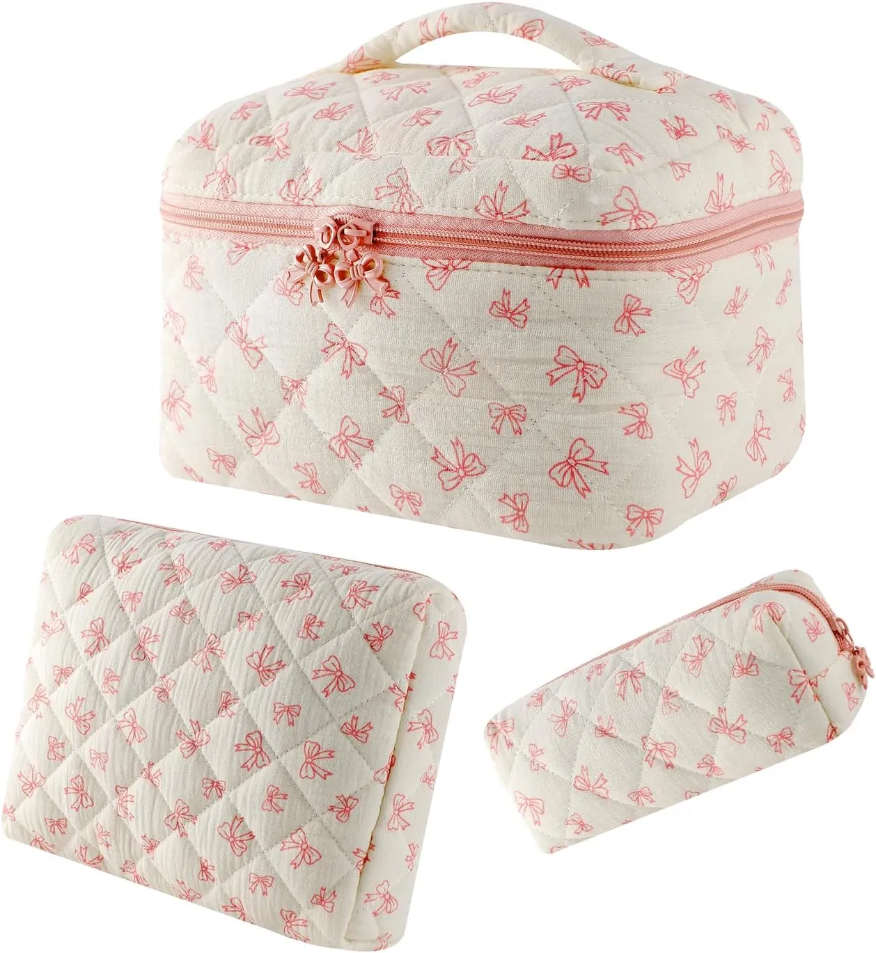 3Pcs Large Cotton Quilted Makeup Bag Set, Cute Coquette Floral Cotton Cosmetic Bag with Bows, Aesthetic Travel Organized Toiletry Bags for Women Girls（03White Small Bows）