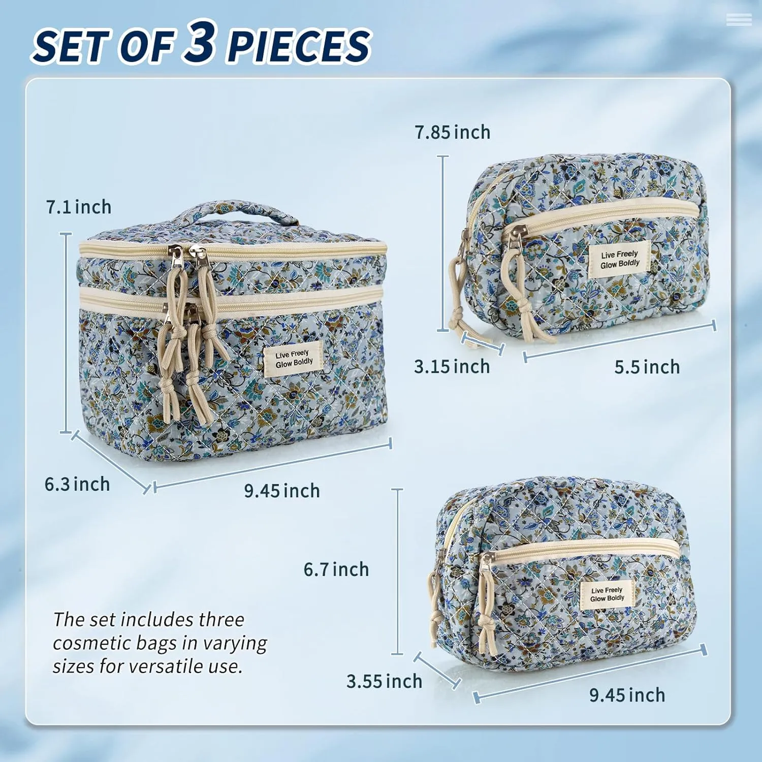 3Pcs Large Travel Quilted Makeup Bag, Double Layer Cute Floral Cotton Toiletry Bag, Aesthetic Flower Cosmetic Bag Coquette Skincare Organizer Bag for Women (Blue Vine)