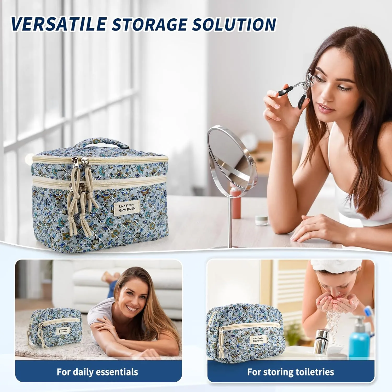 3Pcs Large Travel Quilted Makeup Bag, Double Layer Cute Floral Cotton Toiletry Bag, Aesthetic Flower Cosmetic Bag Coquette Skincare Organizer Bag for Women (Blue Vine)
