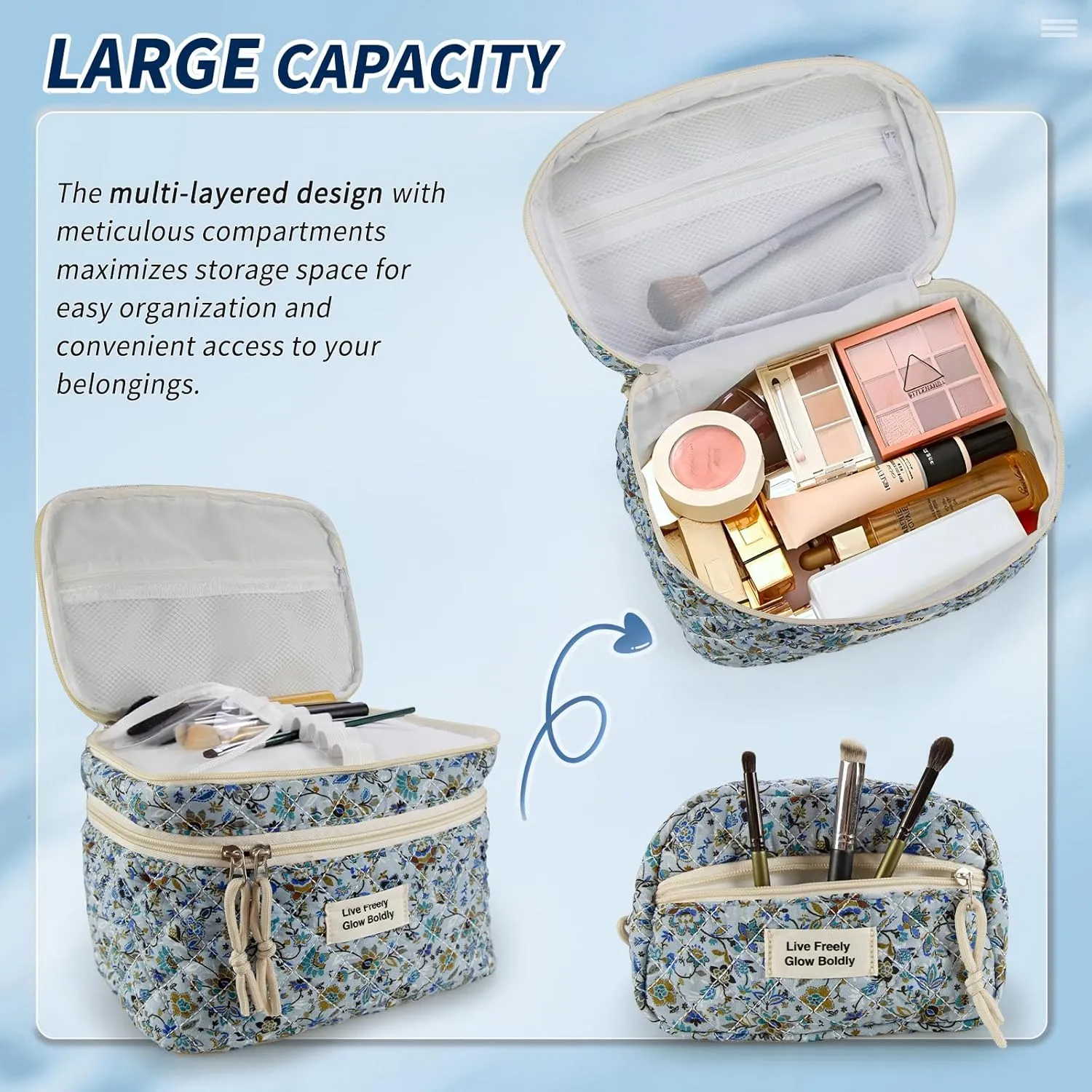 3Pcs Large Travel Quilted Makeup Bag, Double Layer Cute Floral Cotton Toiletry Bag, Aesthetic Flower Cosmetic Bag Coquette Skincare Organizer Bag for Women (Blue Vine)