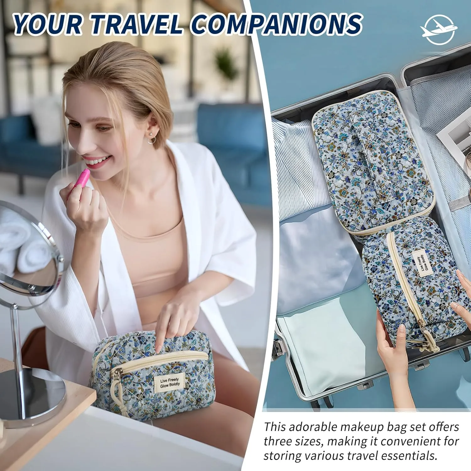 3Pcs Large Travel Quilted Makeup Bag, Double Layer Cute Floral Cotton Toiletry Bag, Aesthetic Flower Cosmetic Bag Coquette Skincare Organizer Bag for Women (Blue Vine)