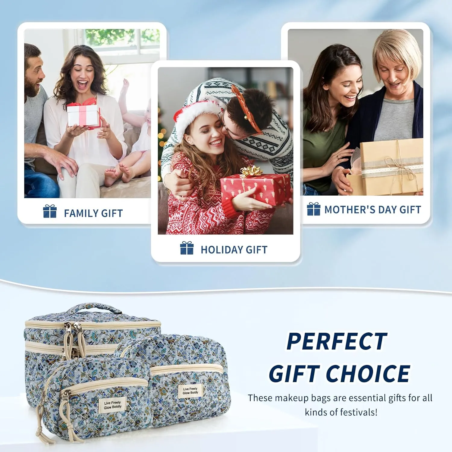 3Pcs Large Travel Quilted Makeup Bag, Double Layer Cute Floral Cotton Toiletry Bag, Aesthetic Flower Cosmetic Bag Coquette Skincare Organizer Bag for Women (Blue Vine)