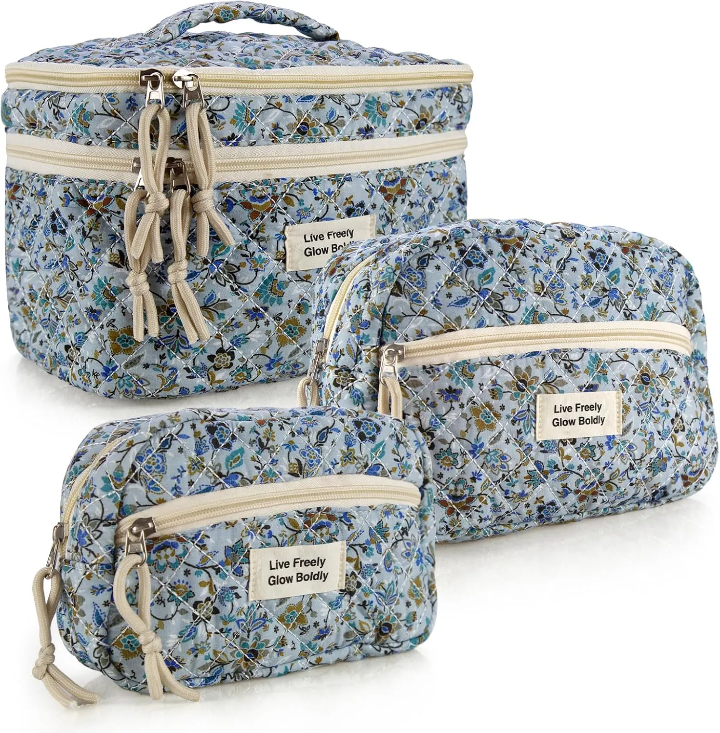 3Pcs Large Travel Quilted Makeup Bag, Double Layer Cute Floral Cotton Toiletry Bag, Aesthetic Flower Cosmetic Bag Coquette Skincare Organizer Bag for Women (Blue Vine)