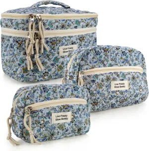 3Pcs Large Travel Quilted Makeup Bag, Double Layer Cute Floral Cotton Toiletry Bag, Aesthetic Flower Cosmetic Bag Coquette Skincare Organizer Bag for Women (Blue Vine)