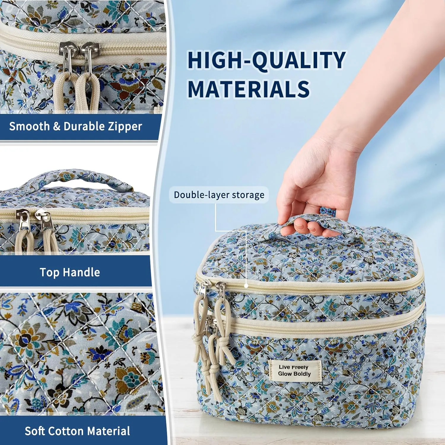3Pcs Large Travel Quilted Makeup Bag, Double Layer Cute Floral Cotton Toiletry Bag, Aesthetic Flower Cosmetic Bag Coquette Skincare Organizer Bag for Women (Blue Vine)