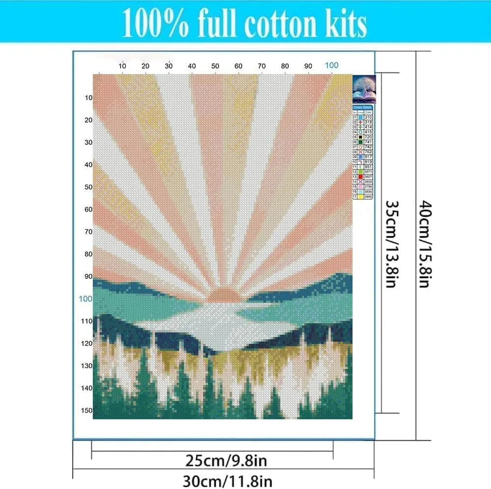 4 Pack Abstract Landscape of Mountain Moon Tree Stamped Cross Stitch Kits - Embroidery Kits for Beginners Adults,11 CT Patterns Dimensions Counted Cross Stitch Kits Arts Craft Kits 12x16inch