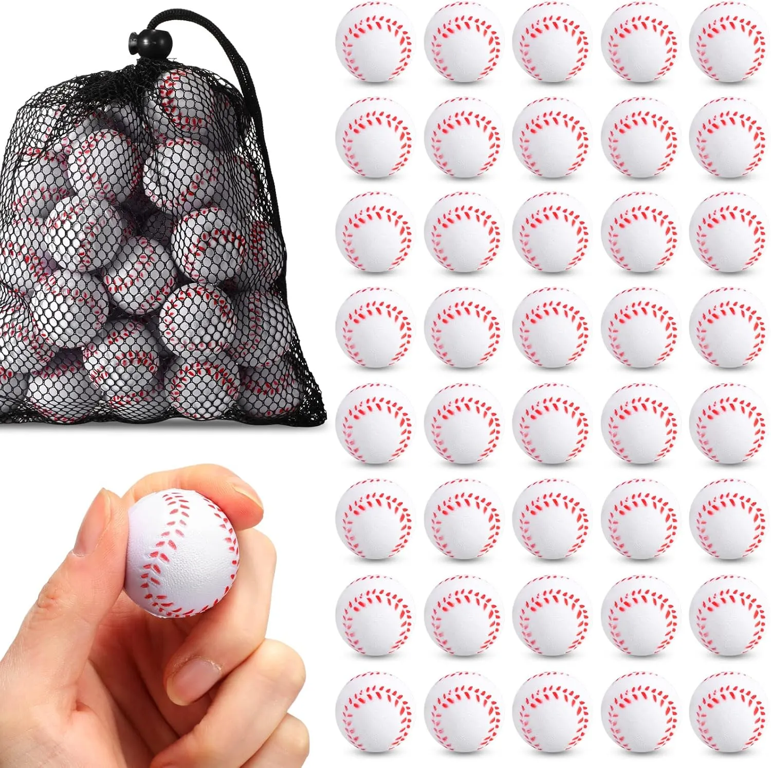 40 Pcs Mini Foam Baseballs 1.18 Inch Stress Balls with Drawstring Mesh Bag Baseball Party Favors Soft Foam Toy Mini Sport Ball for Anxiety Relief Relaxation Party Teens Adults