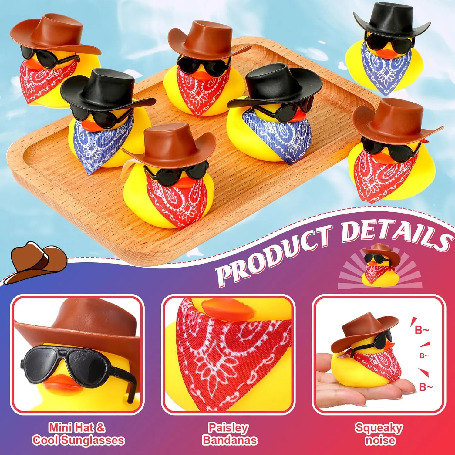 48 Set Cowboy Rubber Duck Mini Yellow Duckies Bath Party Toy Tiny Ducks Bathtub Toy with Cowboy Hat Paisley Bandanas Sunglasses for Summer Baby Shower Birthday Swimming Party (Vintage Style)