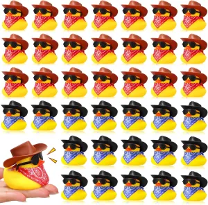 48 Set Cowboy Rubber Duck Mini Yellow Duckies Bath Party Toy Tiny Ducks Bathtub Toy with Cowboy Hat Paisley Bandanas Sunglasses for Summer Baby Shower Birthday Swimming Party (Vintage Style)