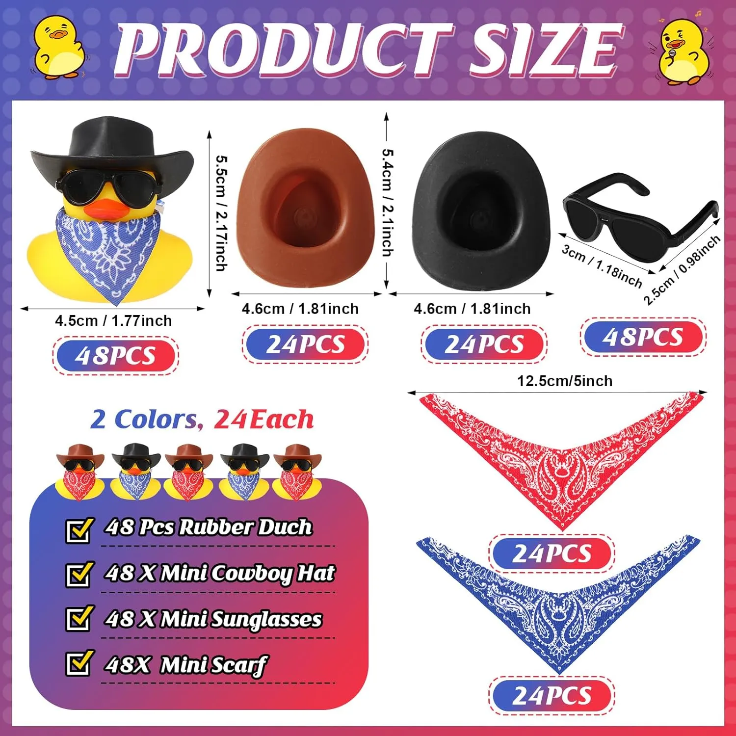 48 Set Cowboy Rubber Duck Mini Yellow Duckies Bath Party Toy Tiny Ducks Bathtub Toy with Cowboy Hat Paisley Bandanas Sunglasses for Summer Baby Shower Birthday Swimming Party (Vintage Style)
