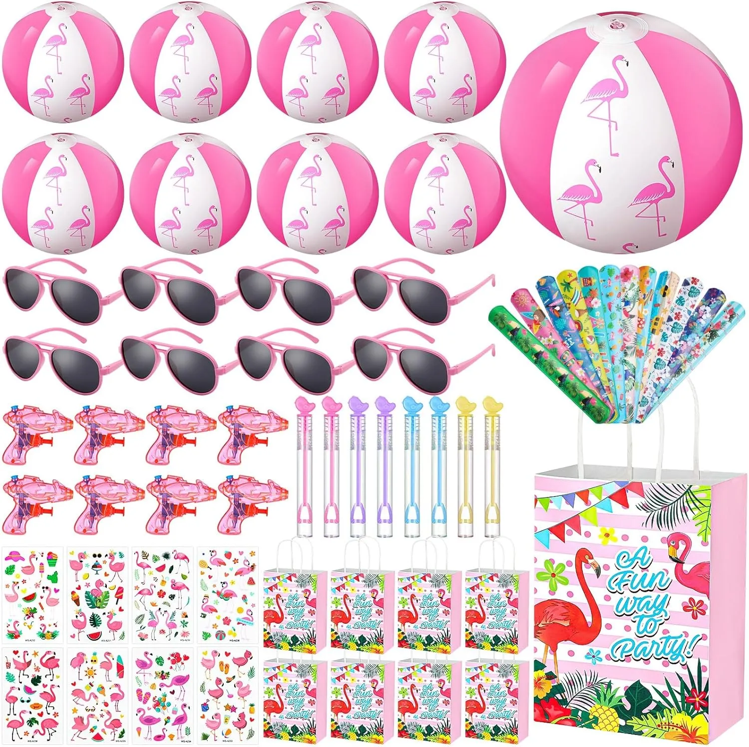 60 Pcs Pool Party Favors Pink Flamingo Party Supplies Bags Stuffers with Sunglasses Bulk Beach Ball Slap Bracelet Bubble Wand for Pool Beach Birthday Party Supplies