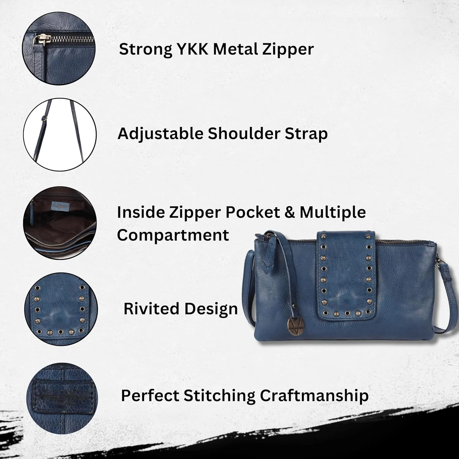 9.5 inch Genuine Italian Leather Boho Studded Crossbody Sling Bag - Stylish, Durable, & Perfect for Everyday Use for women