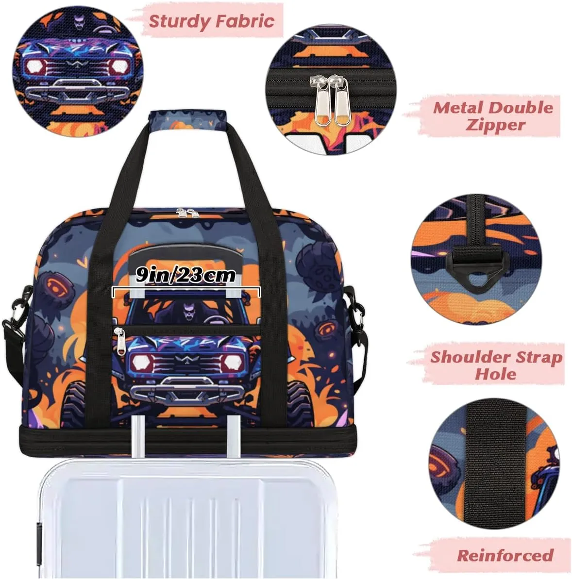 Abstract Monster Truck Car Custom Foldable Duffle Bag with Shoes Compartment Personalized Large Capacity Waterproof Travel Weekender Bag Overnight Bag for Sports Gym