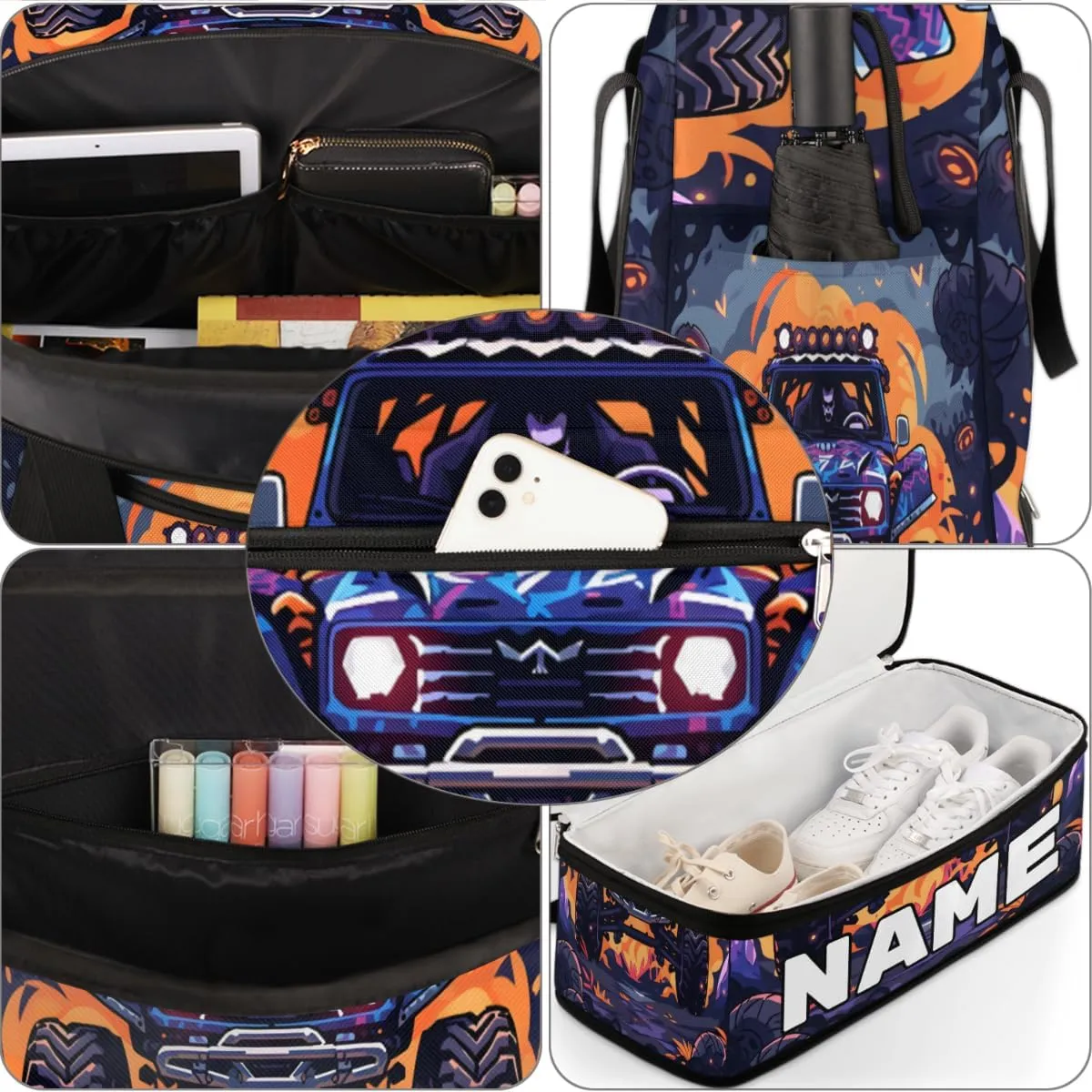 Abstract Monster Truck Car Custom Foldable Duffle Bag with Shoes Compartment Personalized Large Capacity Waterproof Travel Weekender Bag Overnight Bag for Sports Gym