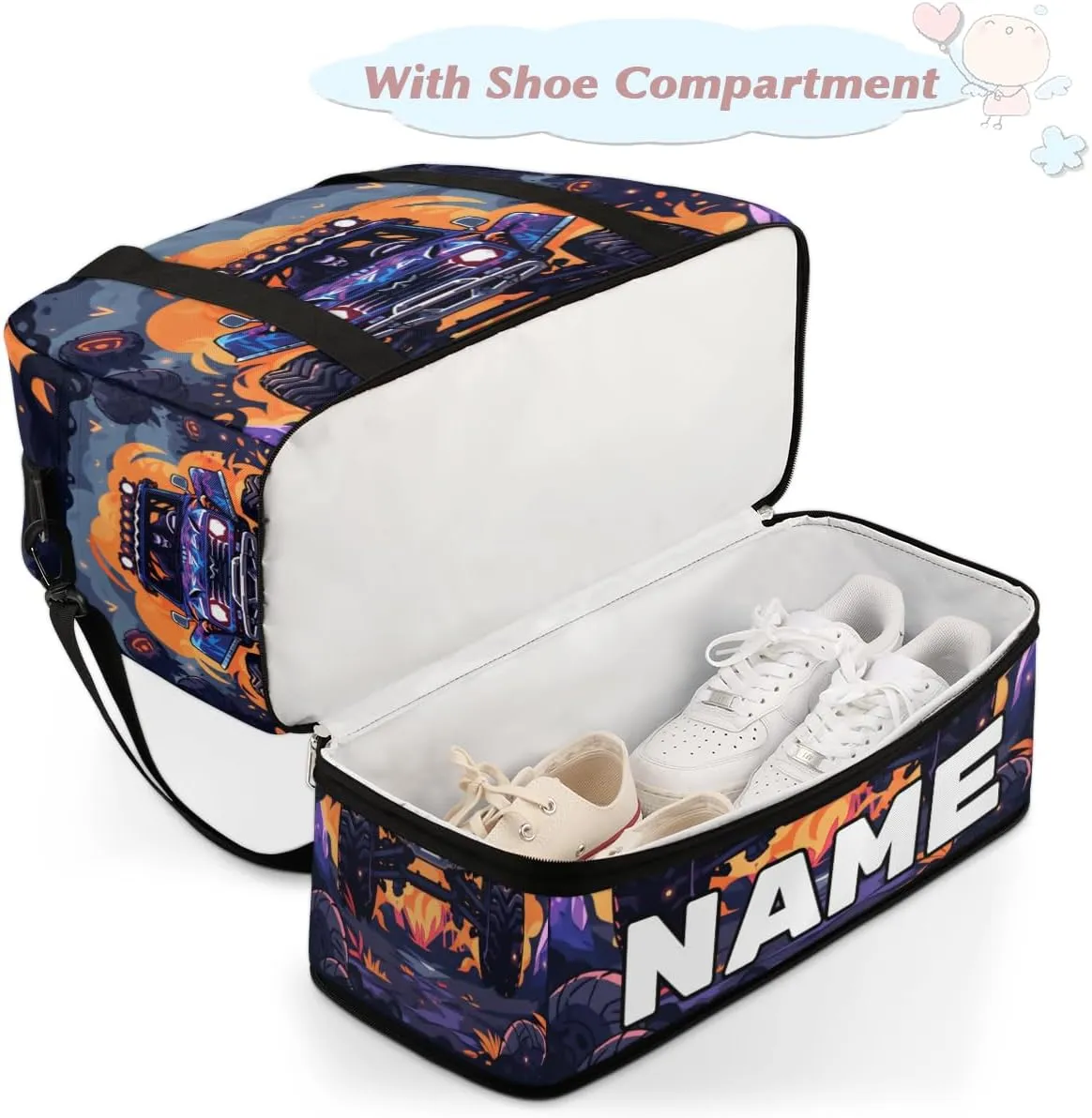 Abstract Monster Truck Car Custom Foldable Duffle Bag with Shoes Compartment Personalized Large Capacity Waterproof Travel Weekender Bag Overnight Bag for Sports Gym