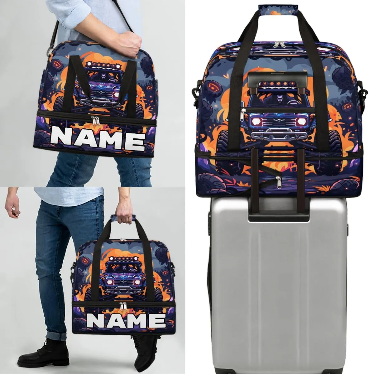 Abstract Monster Truck Car Custom Foldable Duffle Bag with Shoes Compartment Personalized Large Capacity Waterproof Travel Weekender Bag Overnight Bag for Sports Gym