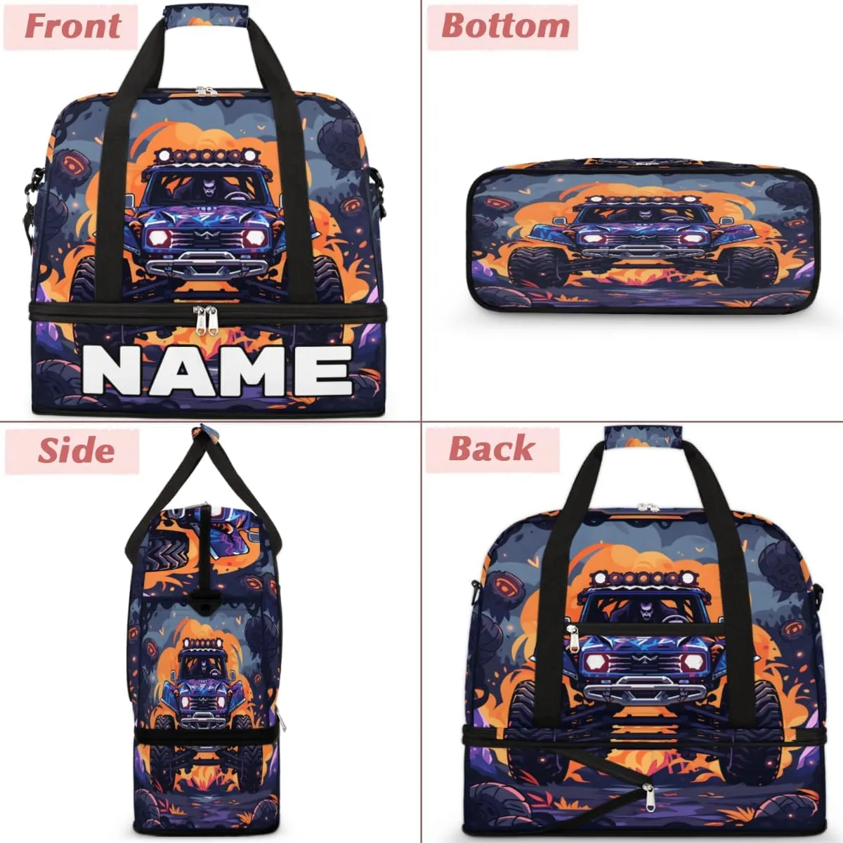 Abstract Monster Truck Car Custom Foldable Duffle Bag with Shoes Compartment Personalized Large Capacity Waterproof Travel Weekender Bag Overnight Bag for Sports Gym