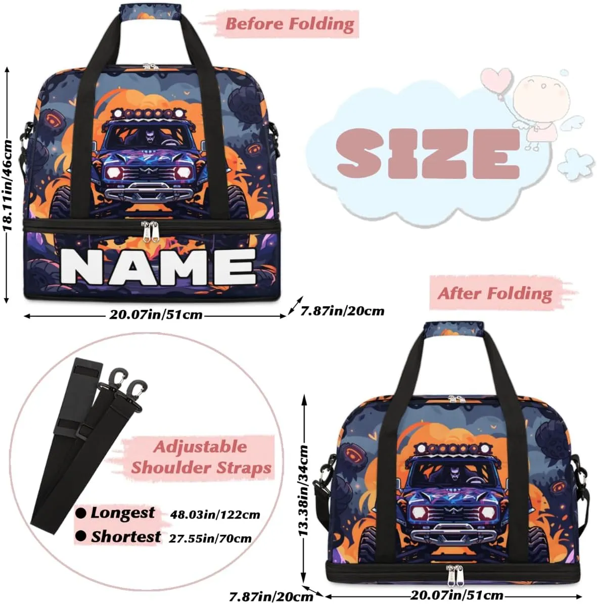 Abstract Monster Truck Car Custom Foldable Duffle Bag with Shoes Compartment Personalized Large Capacity Waterproof Travel Weekender Bag Overnight Bag for Sports Gym