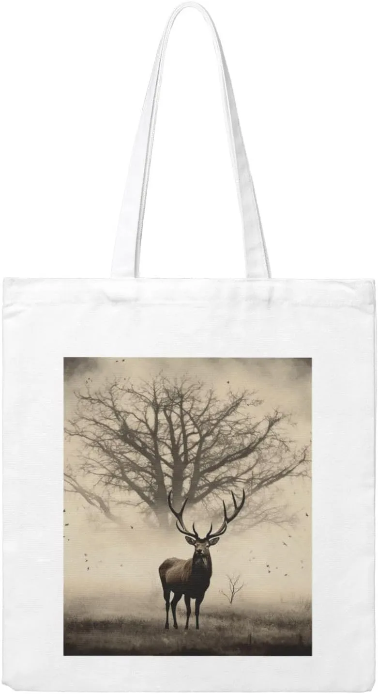 Abstract Tree Elk Picture Large Canvas Tote Bag Cute Travel Shoulder Bag Reusable Washable Shopping Grocery Bags For Women Men