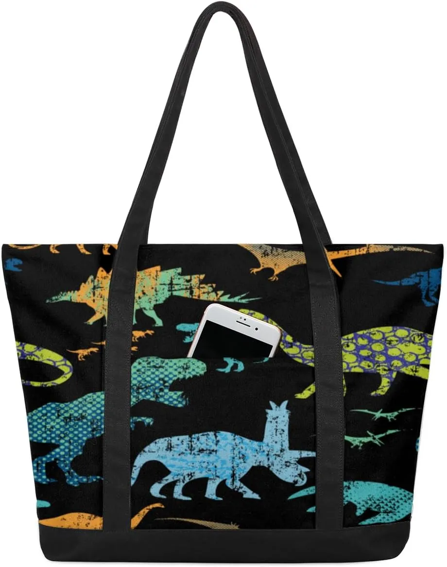 Abstraction Dinosaurs Tote Bag Tote Bag for Women Reusable Grocery Shopping Cloth Bags with Zipper Large Capacity Foldable Handbag Gym Bag for Gift Activity