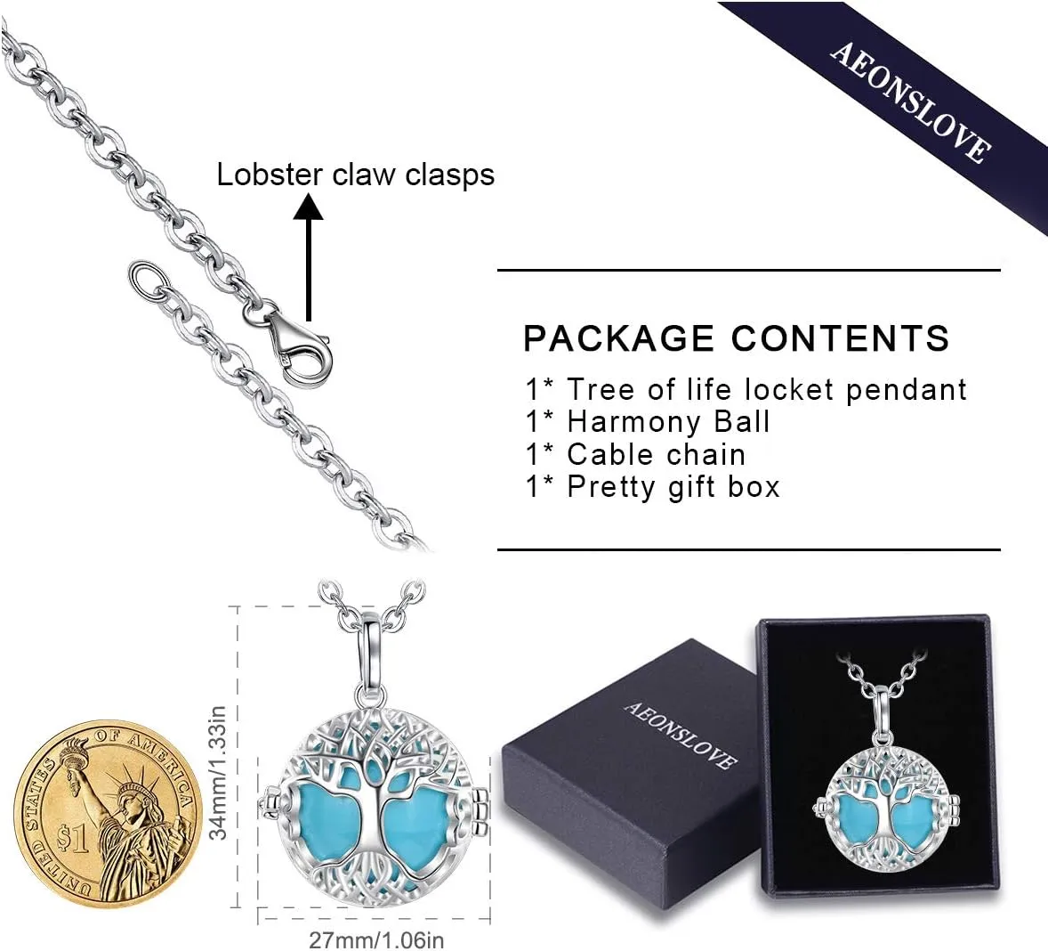 AEONSLOVE Angel Chime Caller Tree of Life Harmony Ball - 30 Inch Leather Cord and 45 Inch Silver Rolo Chain