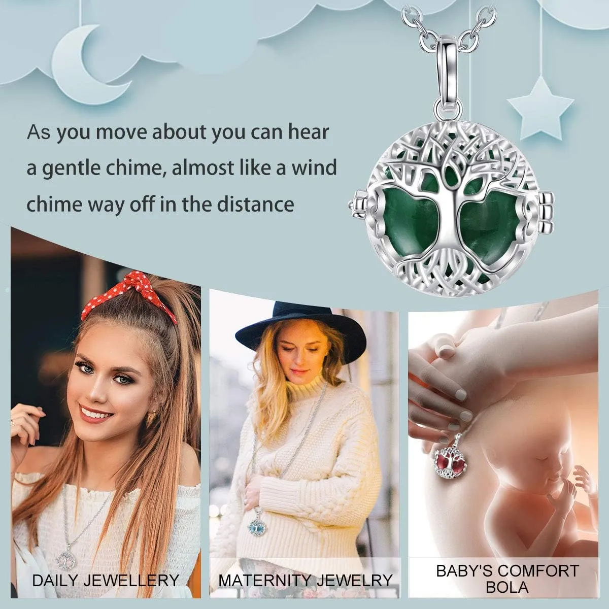 AEONSLOVE Angel Chime Caller Tree of Life Harmony Ball - 30 Inch Leather Cord and 45 Inch Silver Rolo Chain