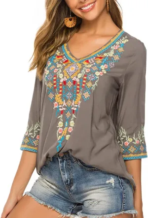 AK Women's Embroidered Tops 3/4 Sleeve Traditional Mexican Shirts for Women V Neck Peasant Tunic Blouses