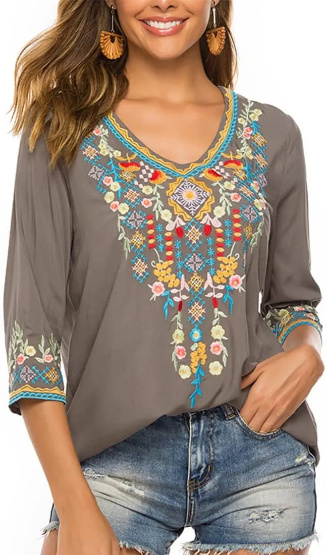 AK Women's Embroidered Tops 3/4 Sleeve Traditional Mexican Shirts for Women V Neck Peasant Tunic Blouses