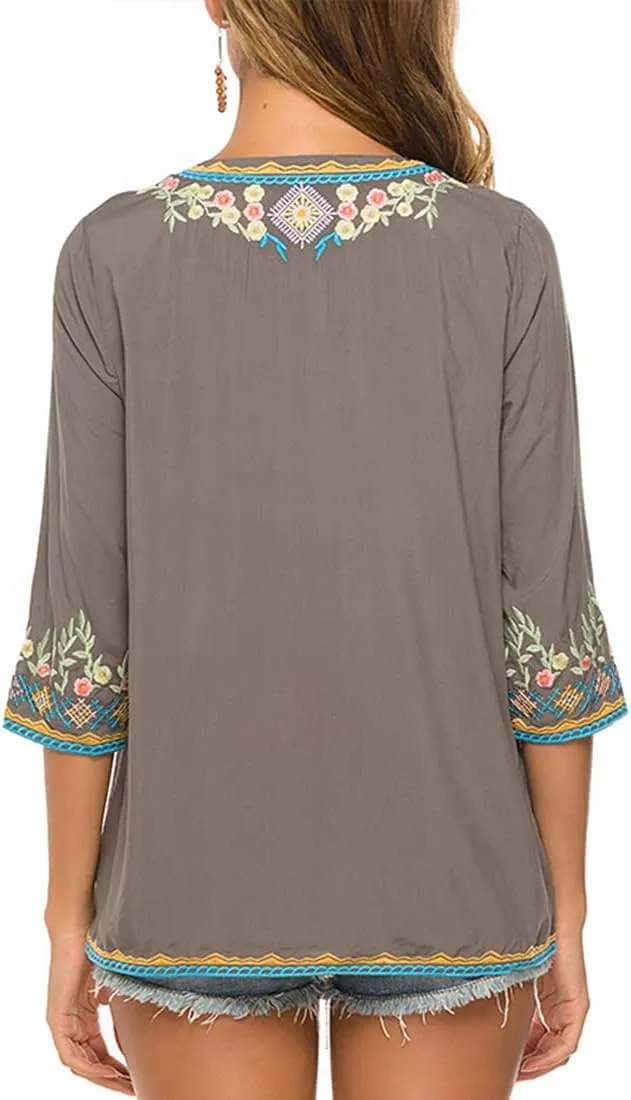 AK Women's Embroidered Tops 3/4 Sleeve Traditional Mexican Shirts for Women V Neck Peasant Tunic Blouses