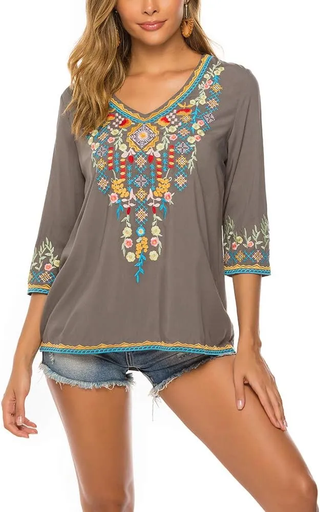 AK Women's Embroidered Tops 3/4 Sleeve Traditional Mexican Shirts for Women V Neck Peasant Tunic Blouses