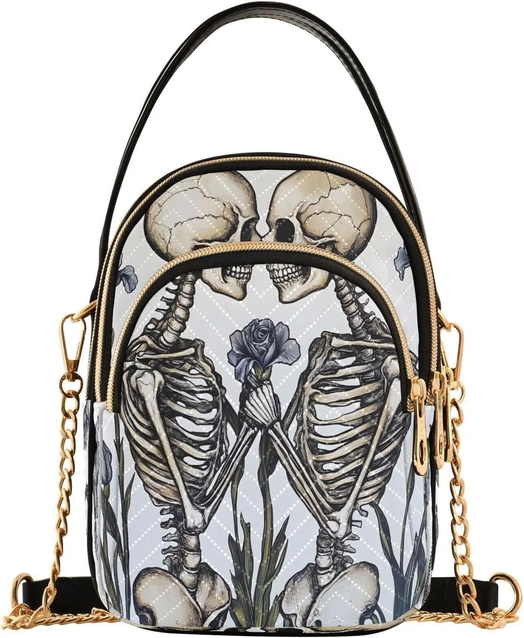 ALAZA Chain Crossbody Bags for Women Skeletons Couple Roses Quilted Shoulder Crossbody Handbags Travel Cross Body Cell Phone Purses Bags