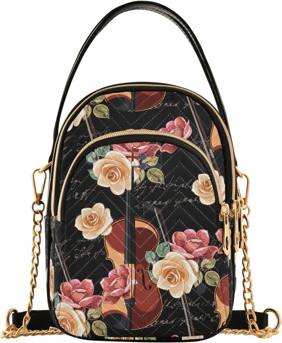 ALAZA Chain Crossbody Bags for Women Violin with Roses Retro Style Quilted Shoulder Crossbody Handbags Travel Cross Body Cell Phone Purses Bags