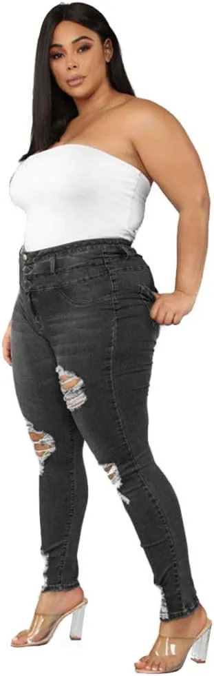 ALLABREVE Womens Plus Size Skinny Jeans Stretchy High Waisted Ankle Jean Ripped Slim Fit Washed Denim Distressed Tight Jean