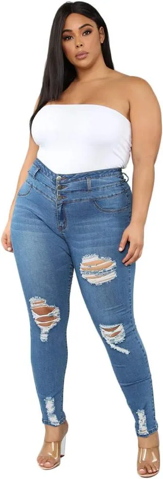 ALLABREVE Womens Plus Size Skinny Jeans Stretchy High Waisted Ankle Jean Ripped Slim Fit Washed Denim Distressed Tight Jean