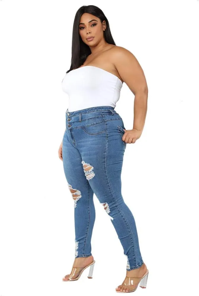 ALLABREVE Womens Plus Size Skinny Jeans Stretchy High Waisted Ankle Jean Ripped Slim Fit Washed Denim Distressed Tight Jean