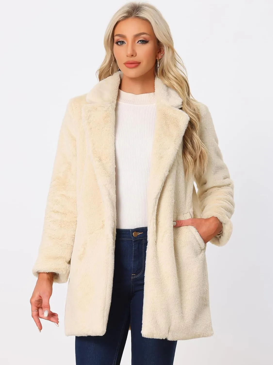 Allegra K Women's Faux Fur Coat Lapel Warm Overcoat Winter Open Front Fluffy Jackets