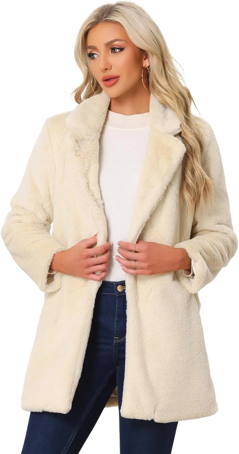 Allegra K Women's Faux Fur Coat Lapel Warm Overcoat Winter Open Front Fluffy Jackets