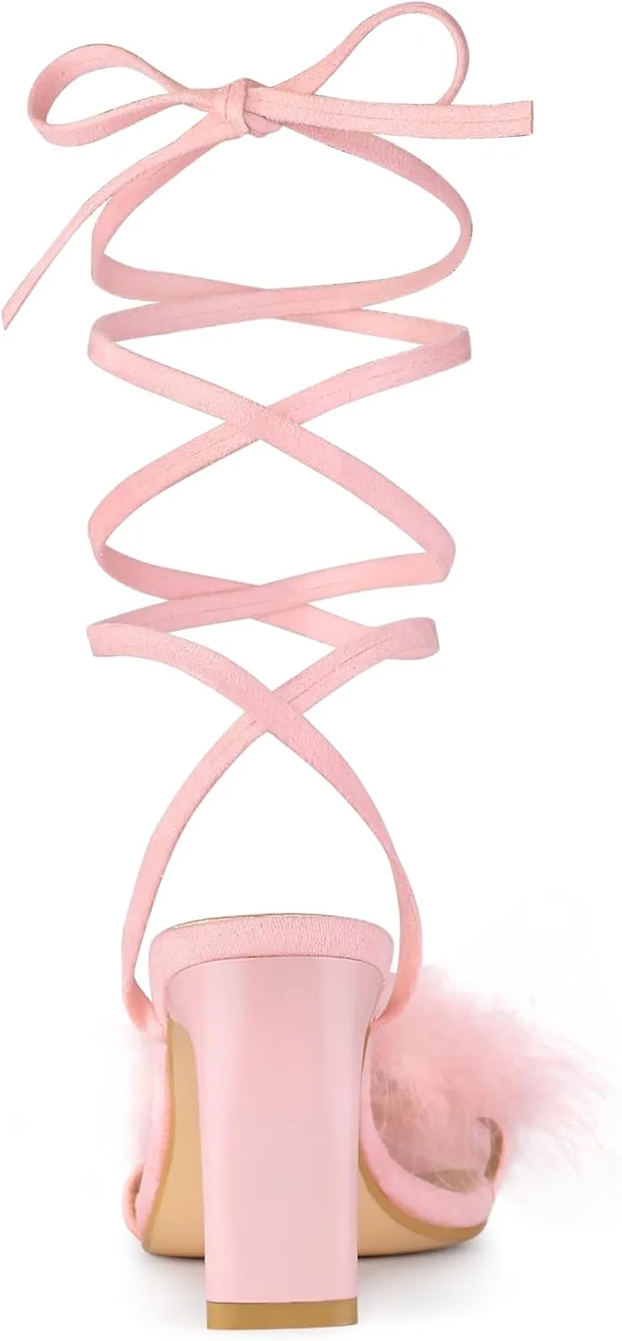 Allegra K Women's Faux Fur Slingback Block Heels Lace Up Sandals