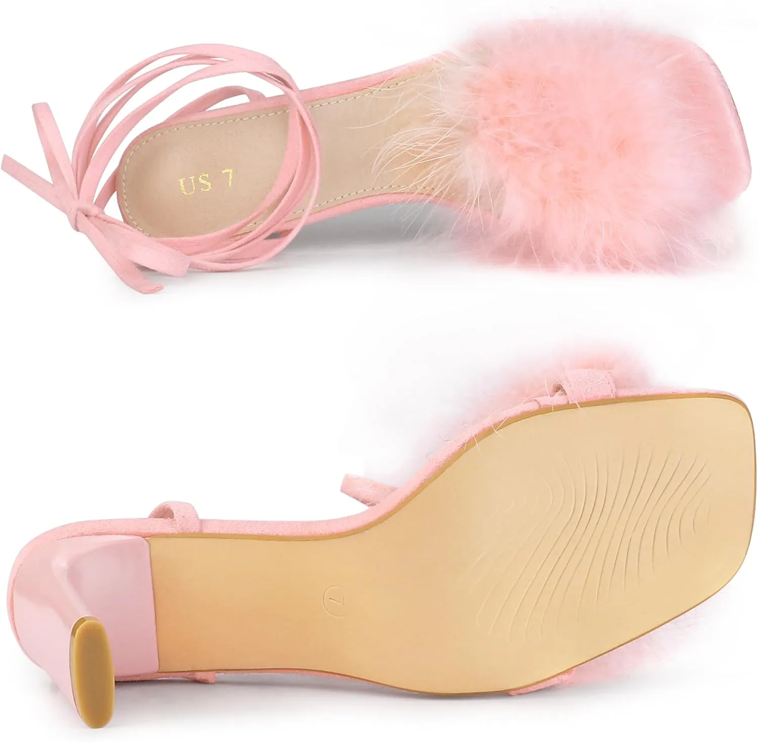 Allegra K Women's Faux Fur Slingback Block Heels Lace Up Sandals