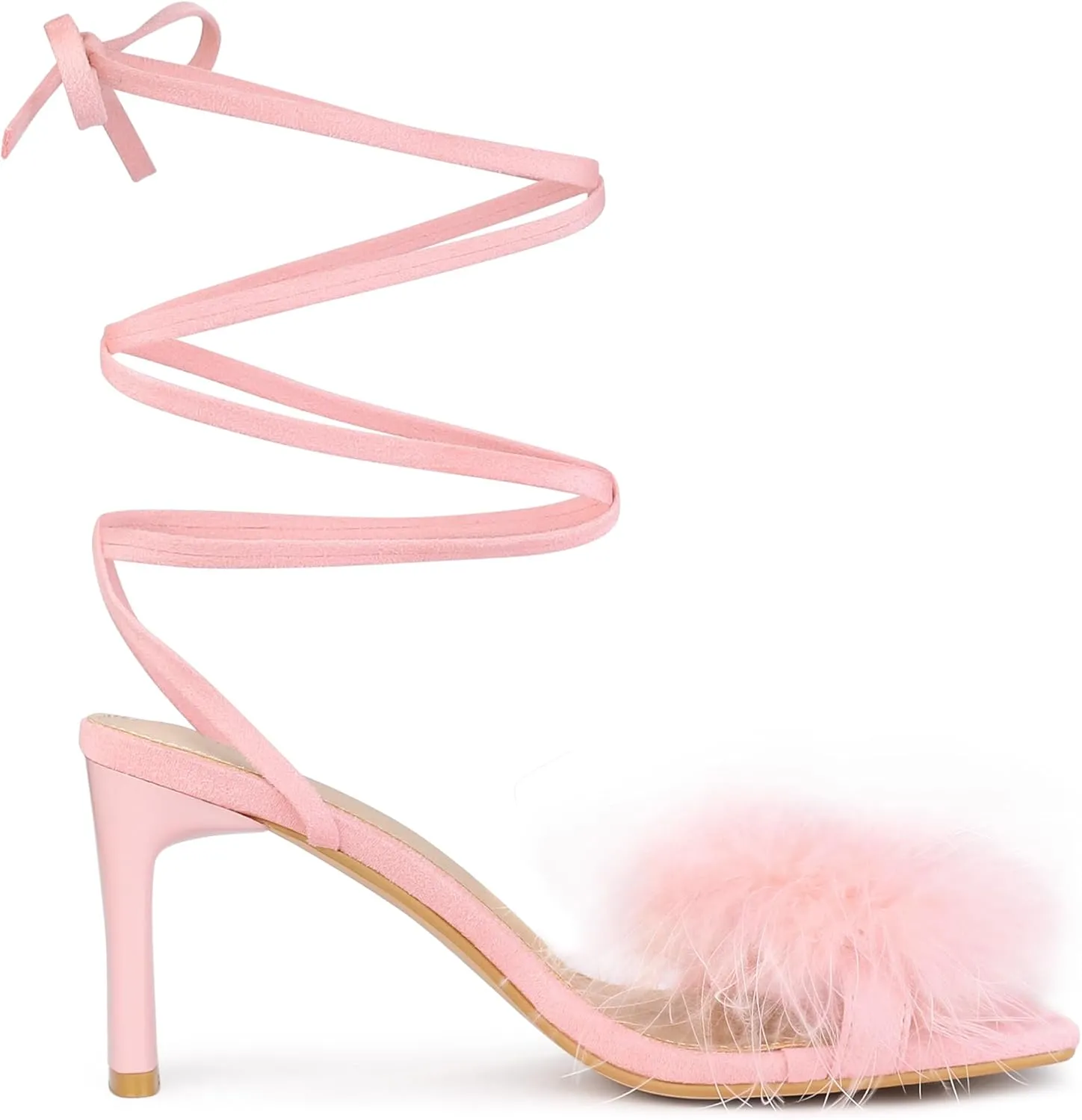 Allegra K Women's Faux Fur Slingback Block Heels Lace Up Sandals