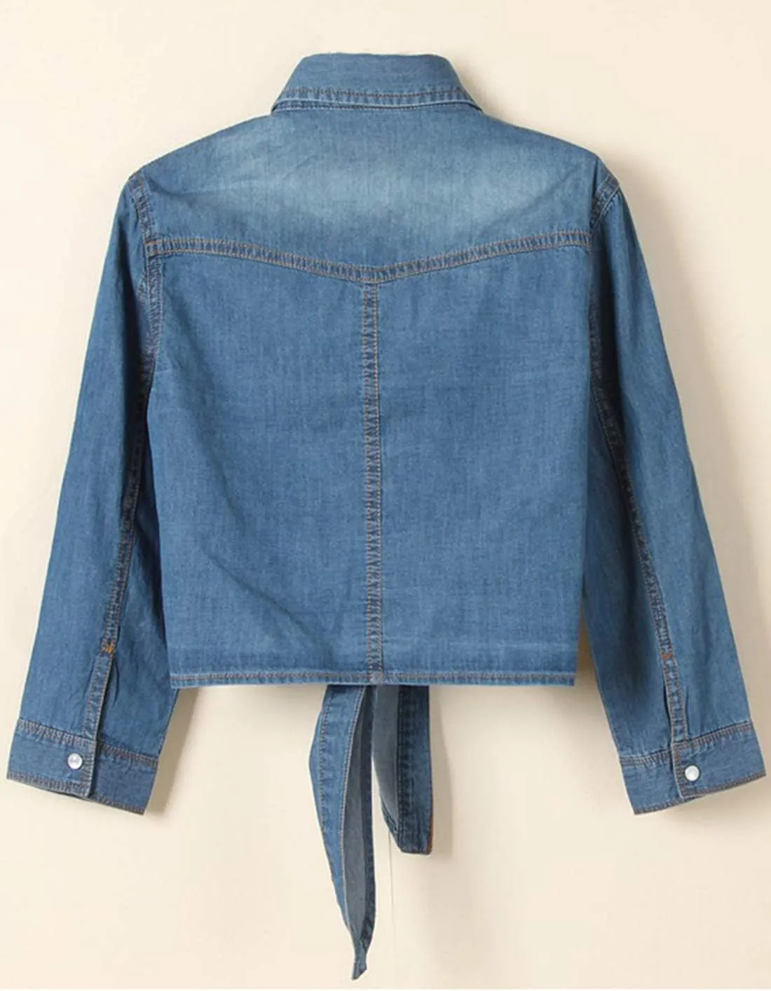 AMEBELLE Women's Roll Up 3/4 Sleeve Tie Front Knot Shirt Chambray Denim Crop Top