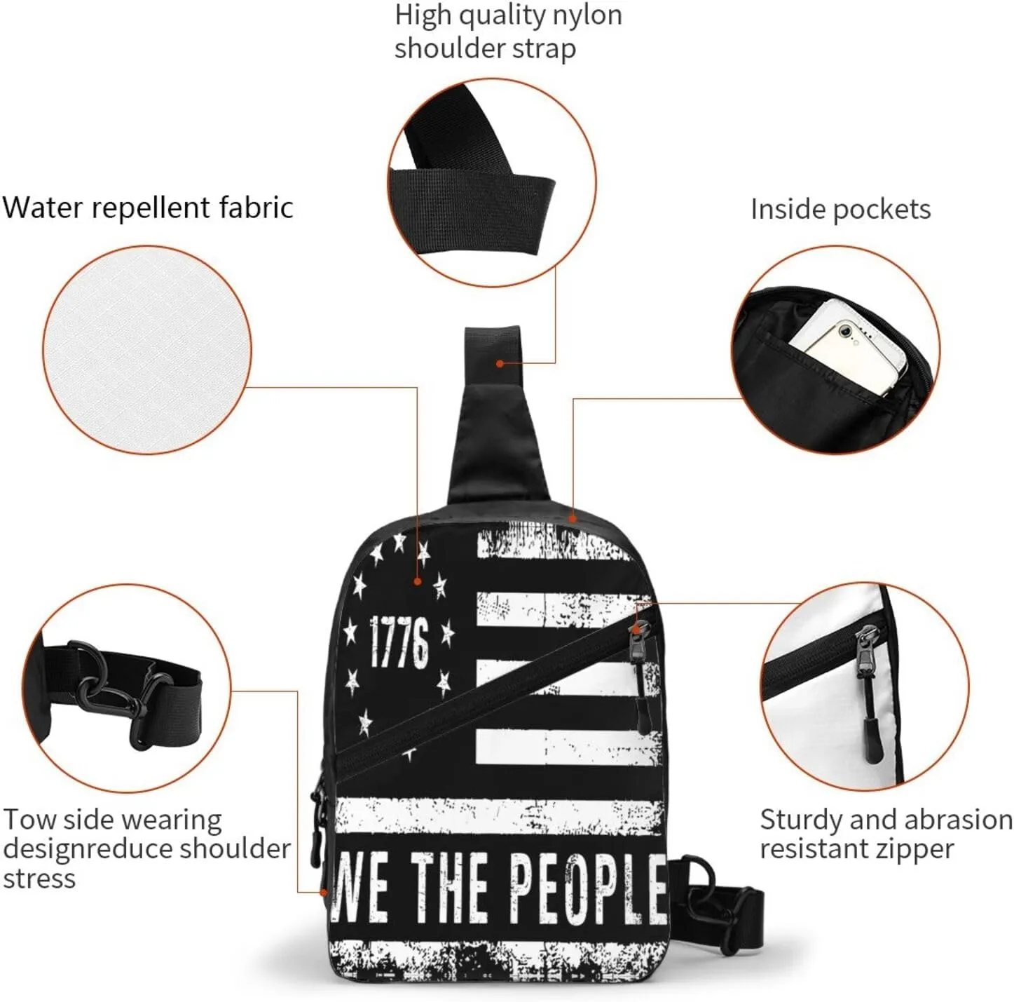 American Flags We The People Portable Sling Bags Packable Crossbody Bag Foldable Sport Daypack Reusable Shoulder Backpack Diagonally Chest Bag for Workout Travel