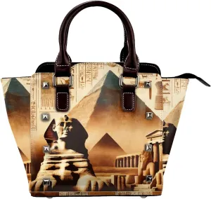 Ancient-Egyptian-Civilization-Sphinx Pu Leather Crossbody Studded Bag, Fashionable Shoulder Handbag With Detachable Shoulder Strap