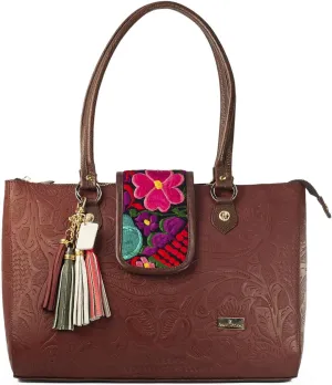 Angel Lozano bag with engraved leather and handmade embroidered loom, Brown