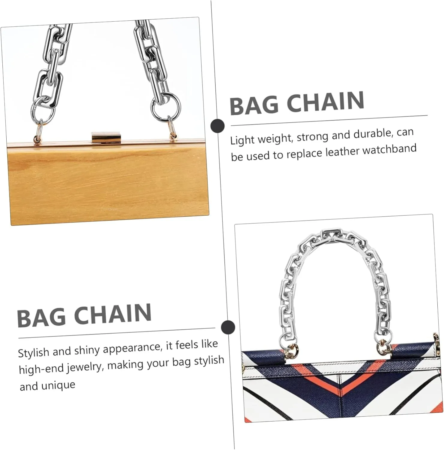 Angoily Single-Shoulder Bag Chain Women Bag Chain Accessory Handle Silver Chunky Link