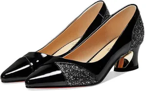 AngryMonkey Women's Pointed Toe Kitten Low Block Heel Pumps Shoes Sexy with Rhinestones Glitter Patent Leather Closed Slip On Bridal Dress Wedding Shoe